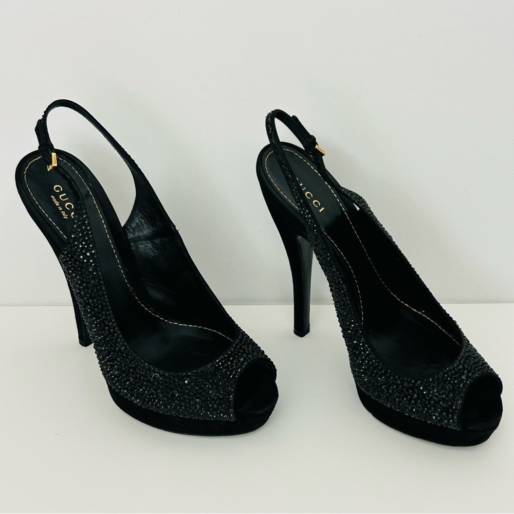 Gucci Raso Zeta Suede Crystal‎ Embellishments Slingback High Stiletto Pumps 37